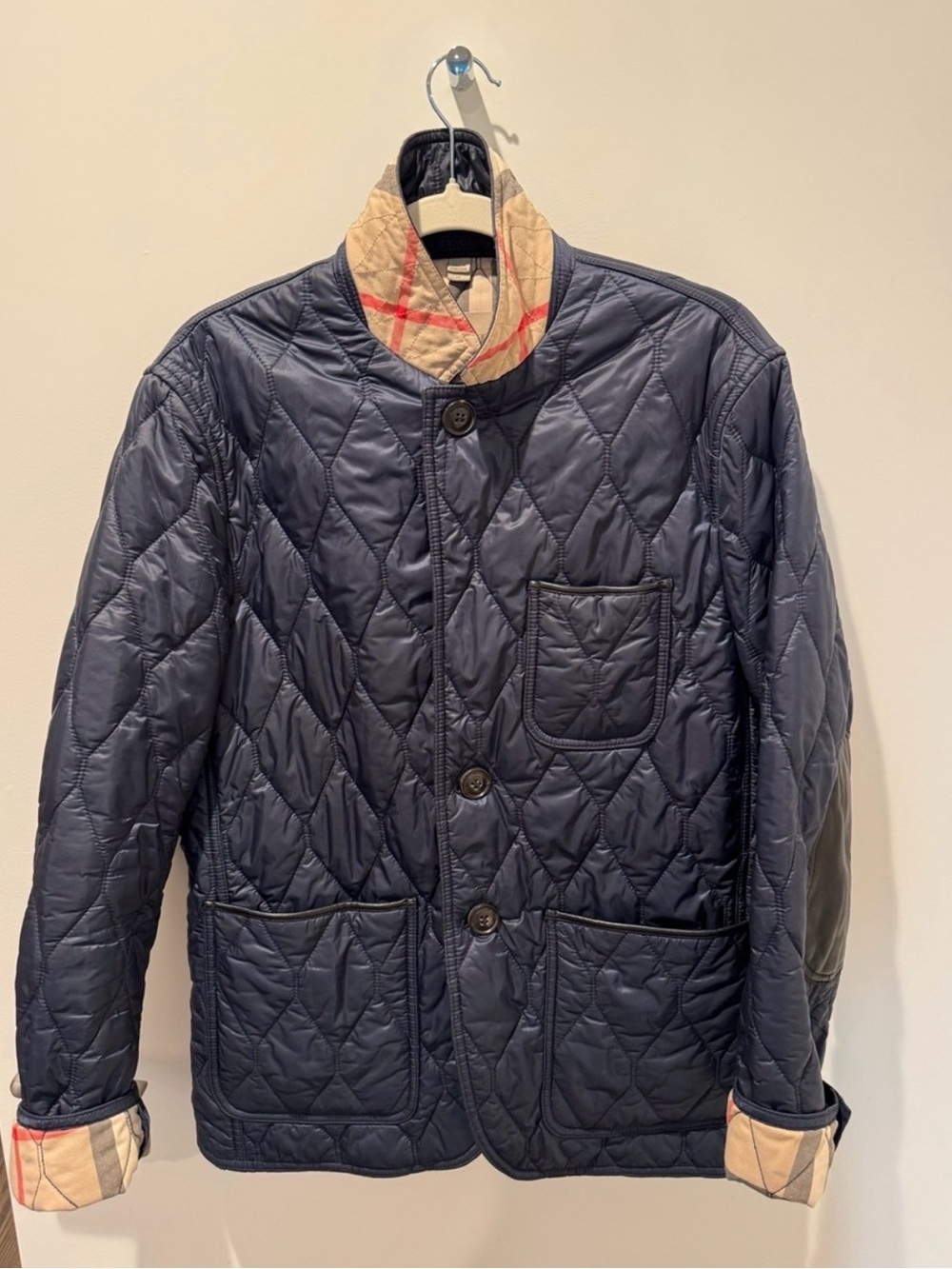Burberry Navy Quilted Jacket with Signature Check Trim